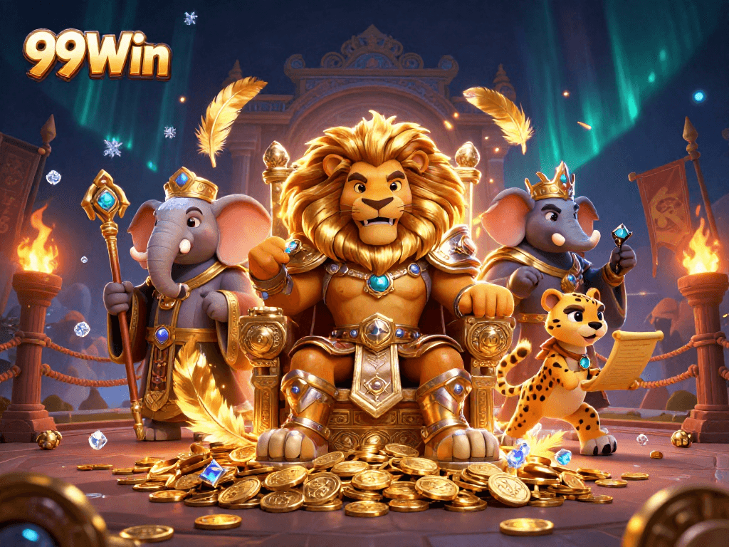 Experience thrilling gameplay at 99Win with a 3D casino illustration showcasing fierce characters and dynamic elements.