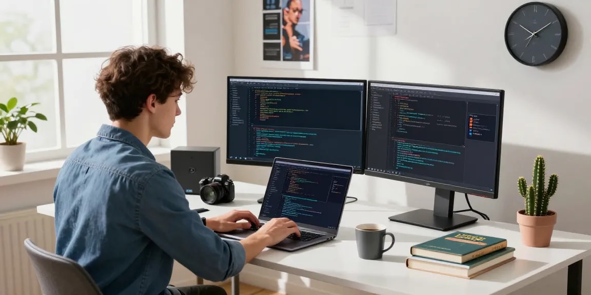 A software engineer at https://www.bdtjl.app/ coding in a modern workspace with high-tech monitors and accessories.