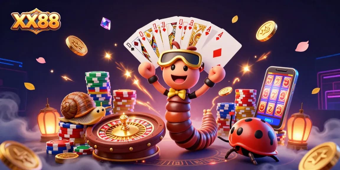 Experience the excitement at XX88 casino with a vibrant 3D illustration showcasing a dynamic gaming scene.
