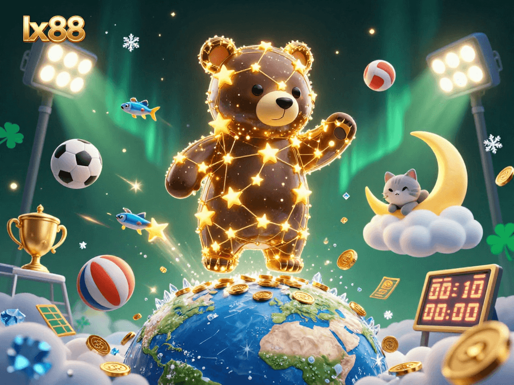 Experience thrilling action with lx 88 as constellations collect coins while sports elements fly around.