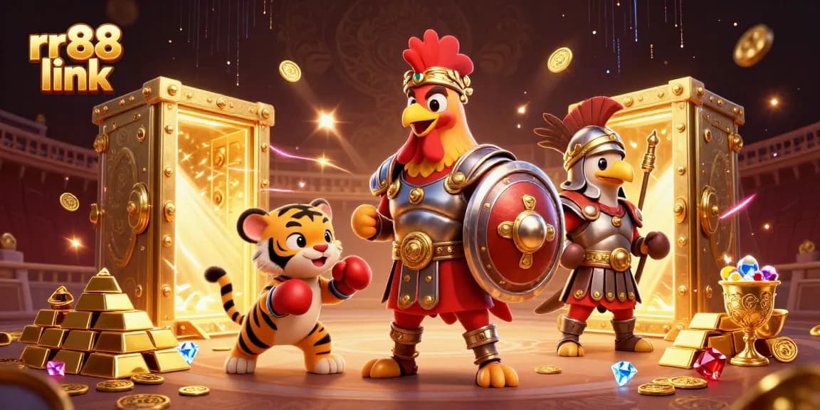 Experience thrilling gameplay at rr88 link with a dynamic rooster in armor, sparring elements, and gold treasures.