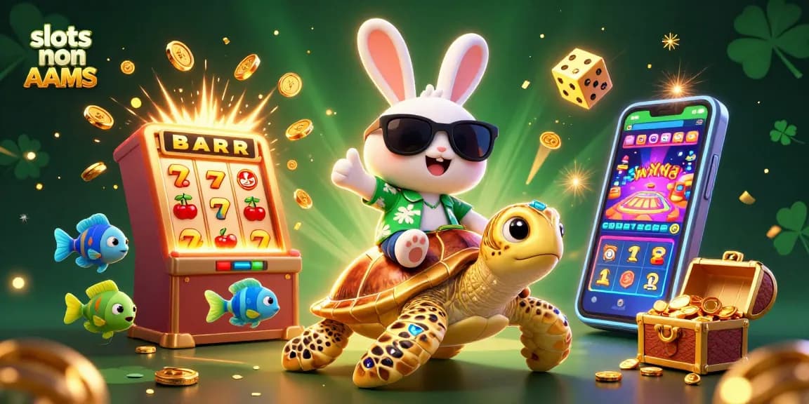 Gioca nei migliori slots non AAMS con un coniglio fortunato e tartaruga d'oro, tra esplosioni di monete e simboli fortunati.