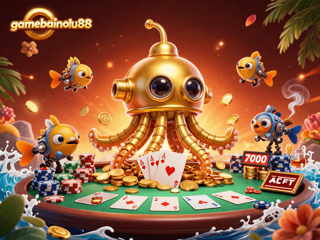 Win big with gamebainohu88 in this vibrant scene of a golden kraken submarine amidst poker excitement.