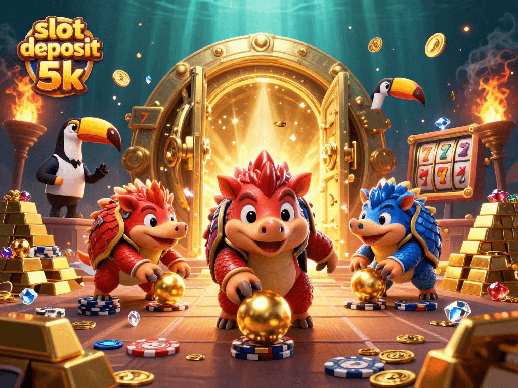 Join the slot deposit 5k game with pangolins rolling into golden balls and vibrant casino elements.
