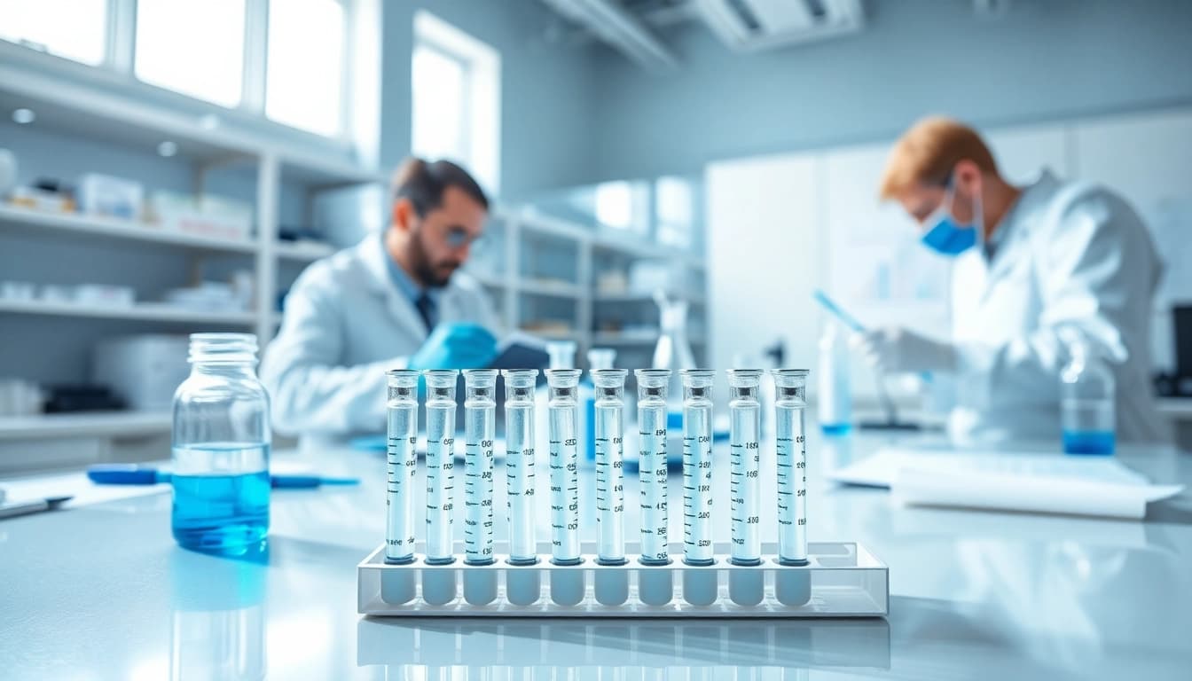 Engaging scene of pure pep research focused on advanced peptides in a lab setting with scientists.