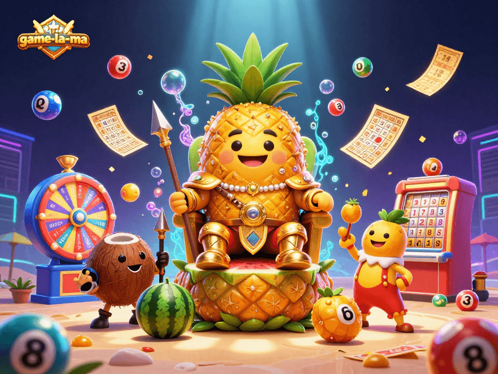 Experience the vibrant world of game-la-ma with a golden pineapple king amidst thrilling beach casino excitement.