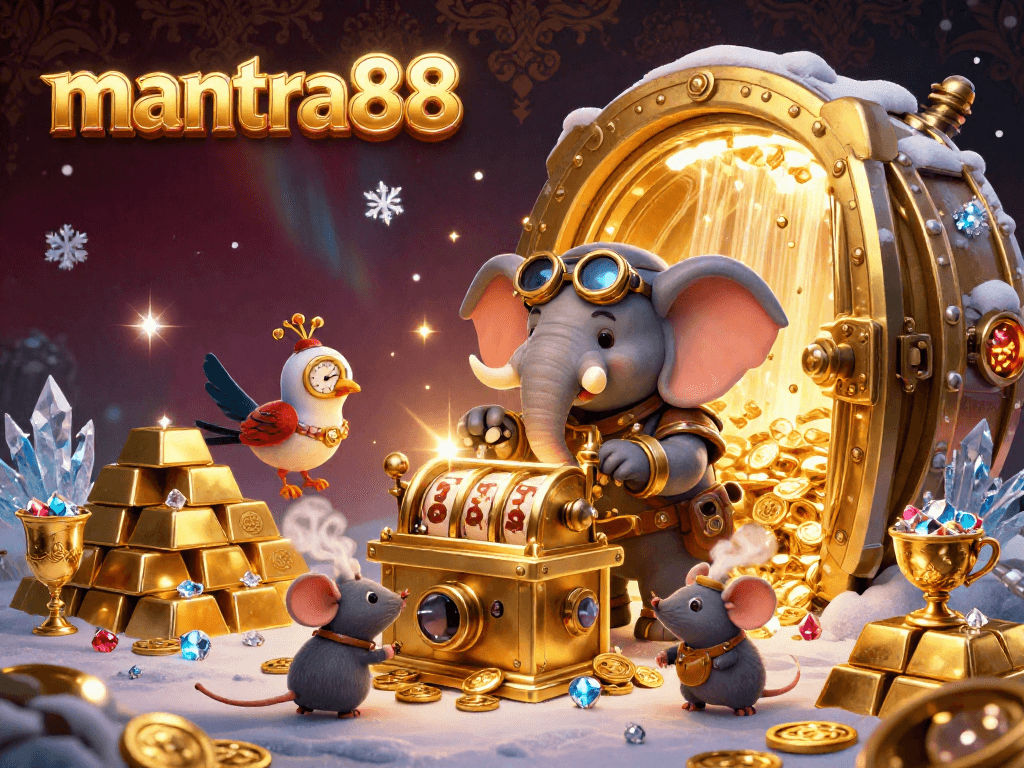 Spin the golden slot machine at mantra88 with a steampunk elephant engineer surrounded by treasure.