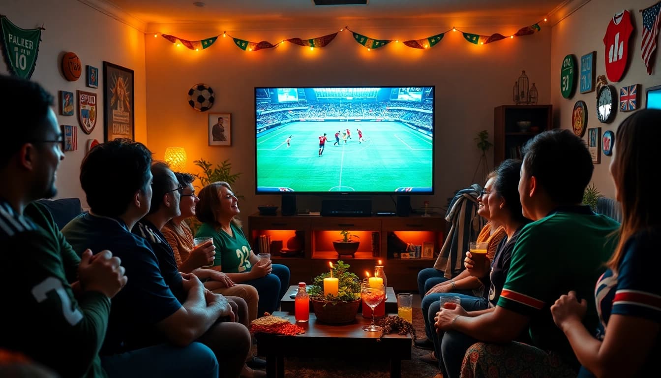 Saksi bolakami streaming sepak bola dengan para penggemar bersemangat di ruang tamu.