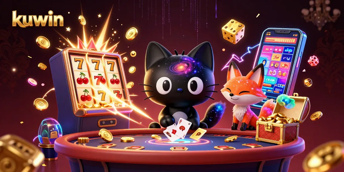 Kuwin promotes thrilling casino gameplay with vibrant 3D illustrations featuring unique characters and jackpot excitement.