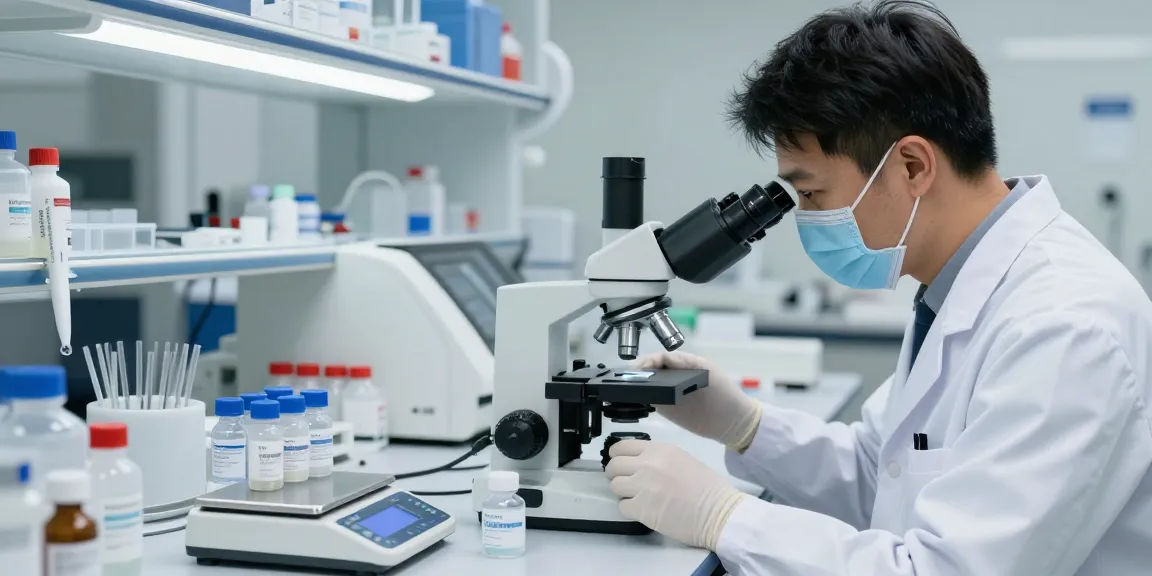 Detailed laboratory scene analyzing wholesale peptides with scientist and equipment