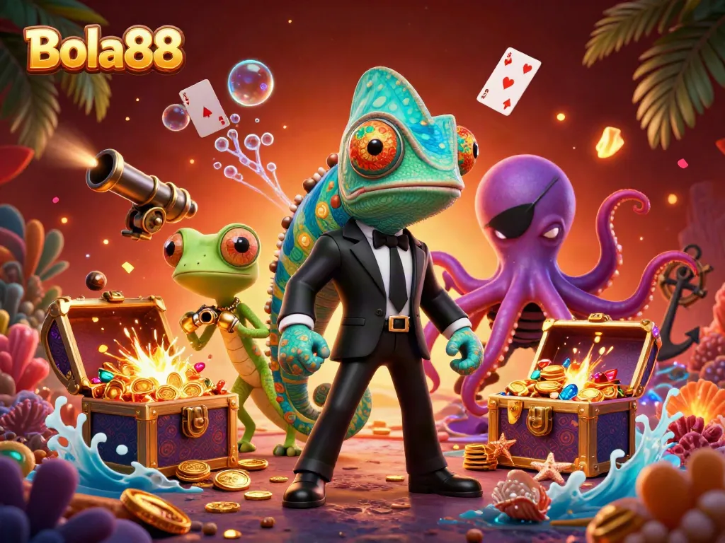 Bola88 showcases a vibrant underwater casino scene featuring a secret agent chameleon, tech gecko, and octopus surrounded by treasure.