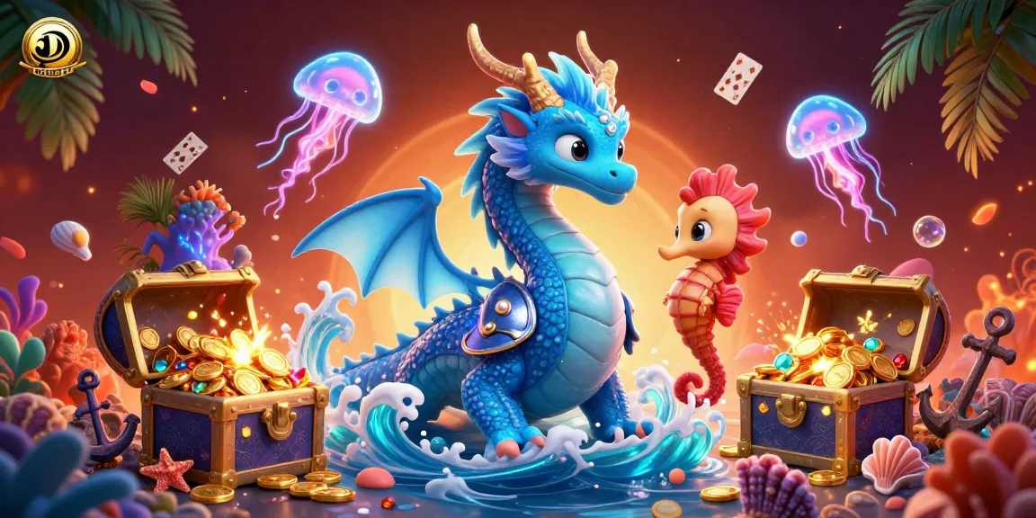 DABET engages players with thrilling casino visuals featuring an azure dragon and glowing treasure.