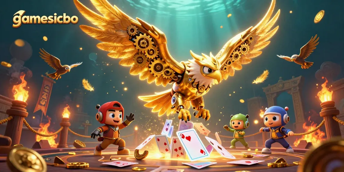 Experience thrilling Sicbo action with gamesicbo, showcasing vibrant holographic cards and a golden eagle.