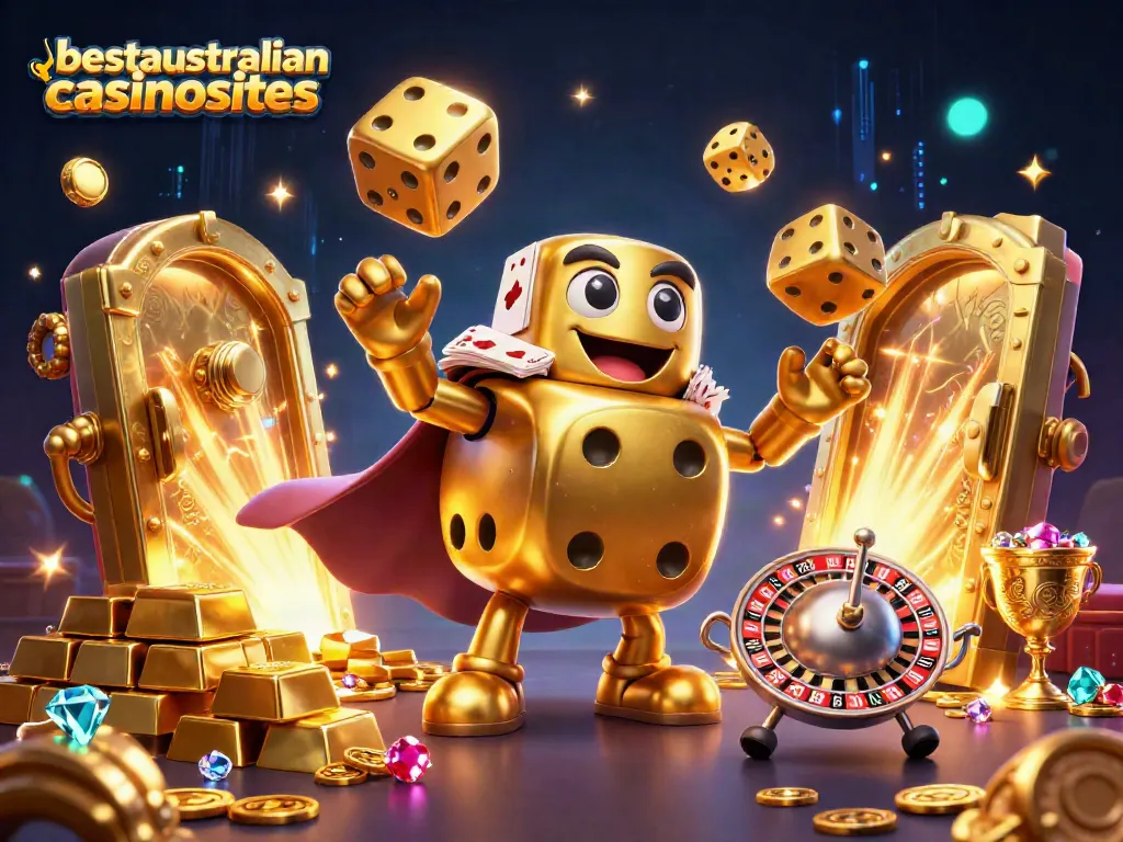 Experience engaging online roulette gameplay at bestaustraliancasinosites with a dynamic scene of golden dice and jewels.