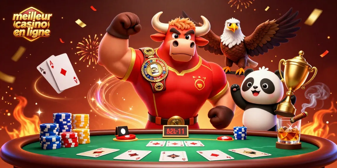 Vibrante illustration 3D du meilleur casino en ligne avec des personnages de jeu emblématiques et des éléments de poker.