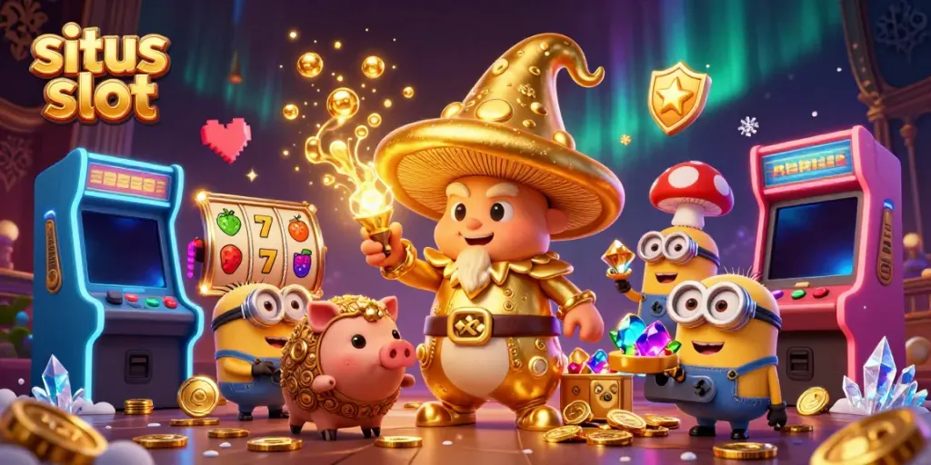 Gambarkan situs slot dengan wizard jamur emas yang menghasilkan keberuntungan dan pig truffle asisten di tengah harta karun.