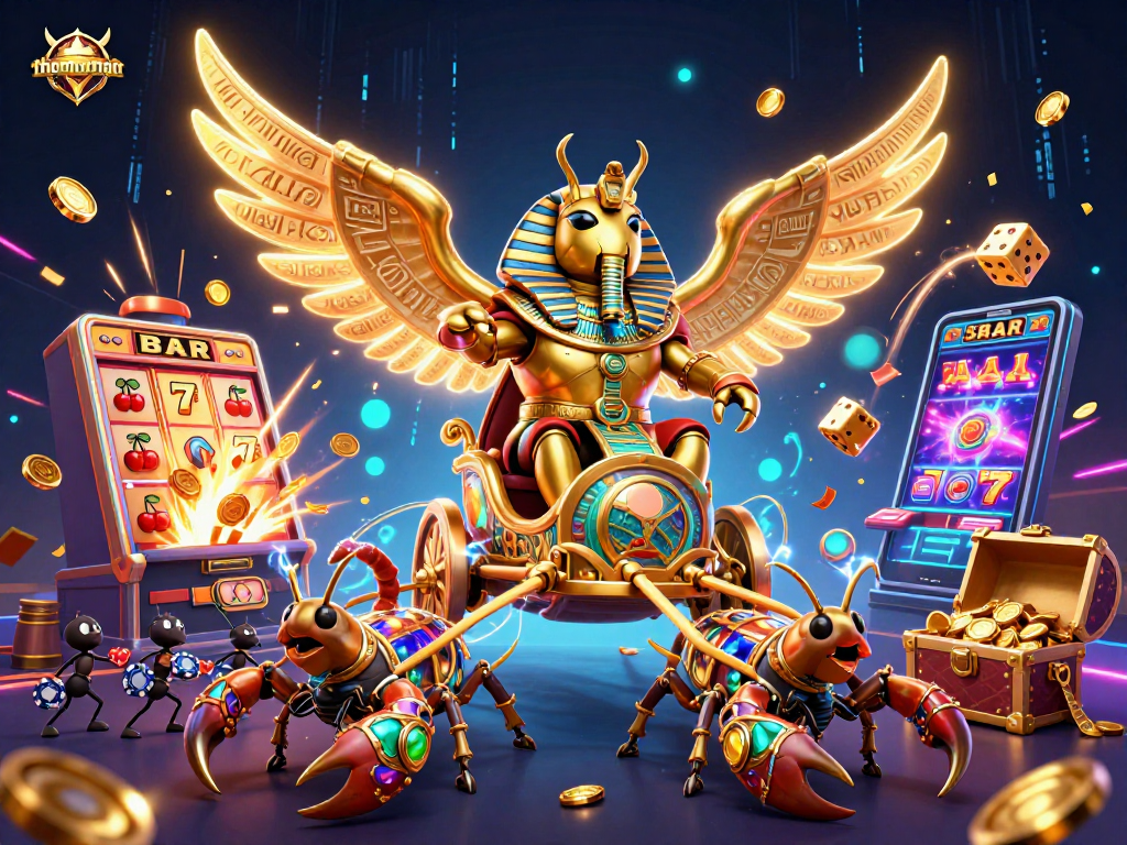 Experience thomayman with thrilling jackpot actions amidst vibrant casino elements in this 3D illustration.