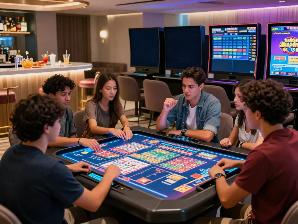 Exciting modern gaming lounge with friends engaging in Togel, showcasing vibrant atmosphere and technology.