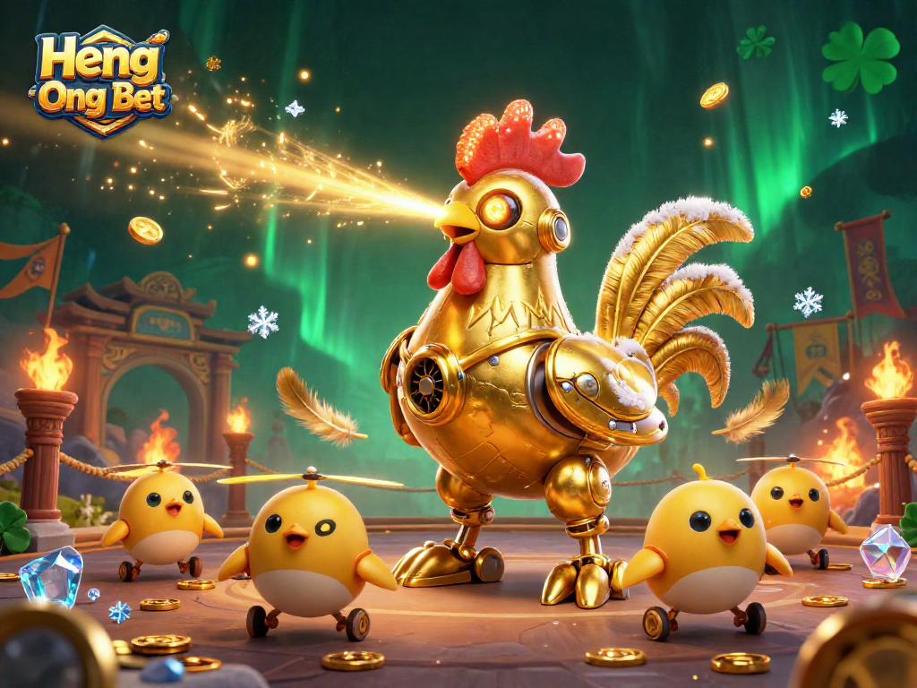 Experience the thrill of Heng Ong Bet with a futuristic golden rooster robot and baby chick drones in a vibrant casino arena.