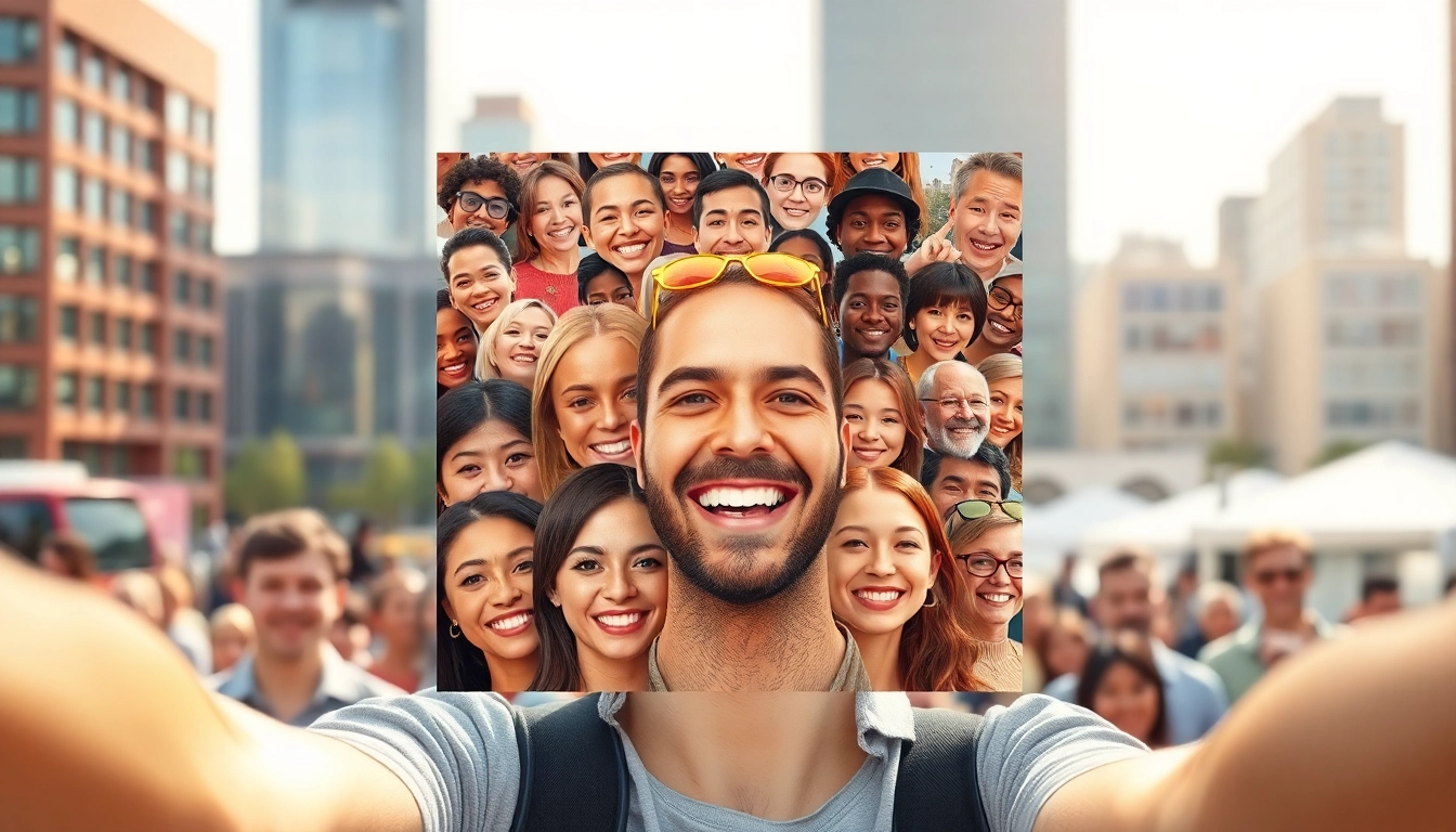 An engaging selfie mosaic featuring diverse faces and vibrant colors, illustrating community spirit.