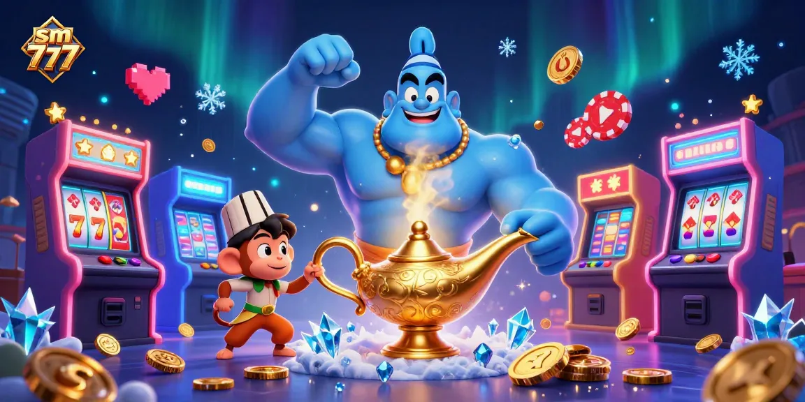 Experience vibrant gaming with sm 777's casino slots as a genie and monkey animate your winning adventure.