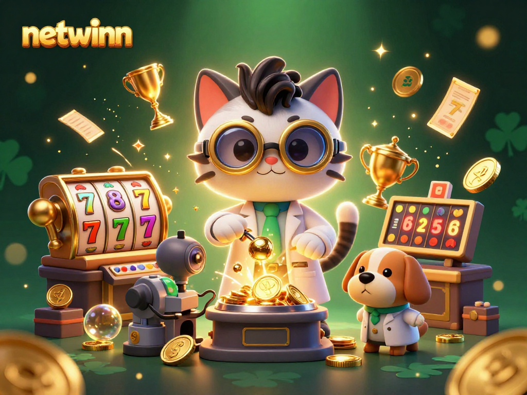 Experience netwinn in a lively casino scene with mad scientist cat and dog creating gold rewards.