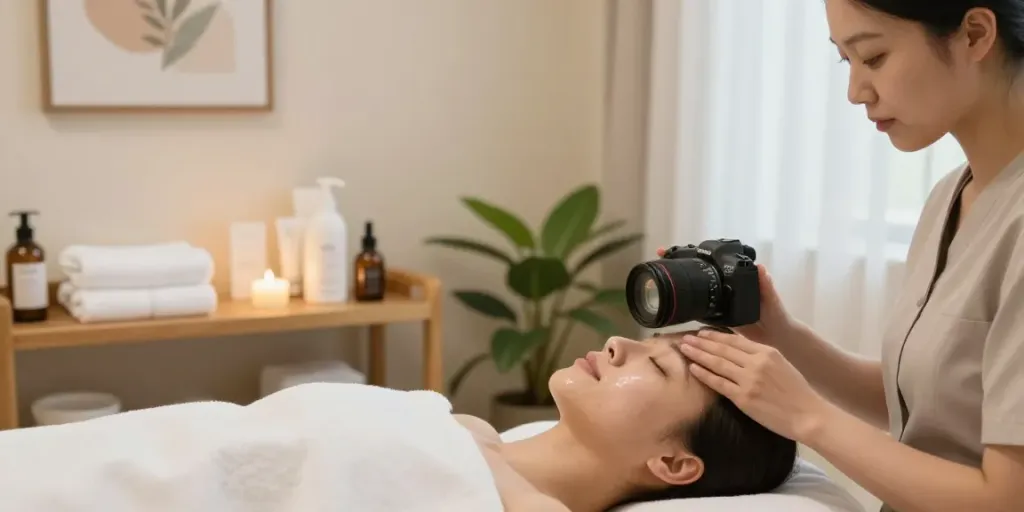 Glow peptide facial treatment preparation in serene spa setting with skincare products arranged, creating a calming atmosphere.