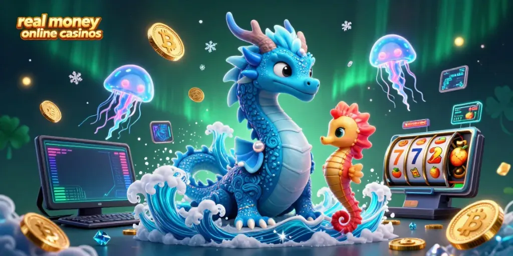 Experience vibrant real money online casinos adventures with a mystical dragon and colorful gaming elements.