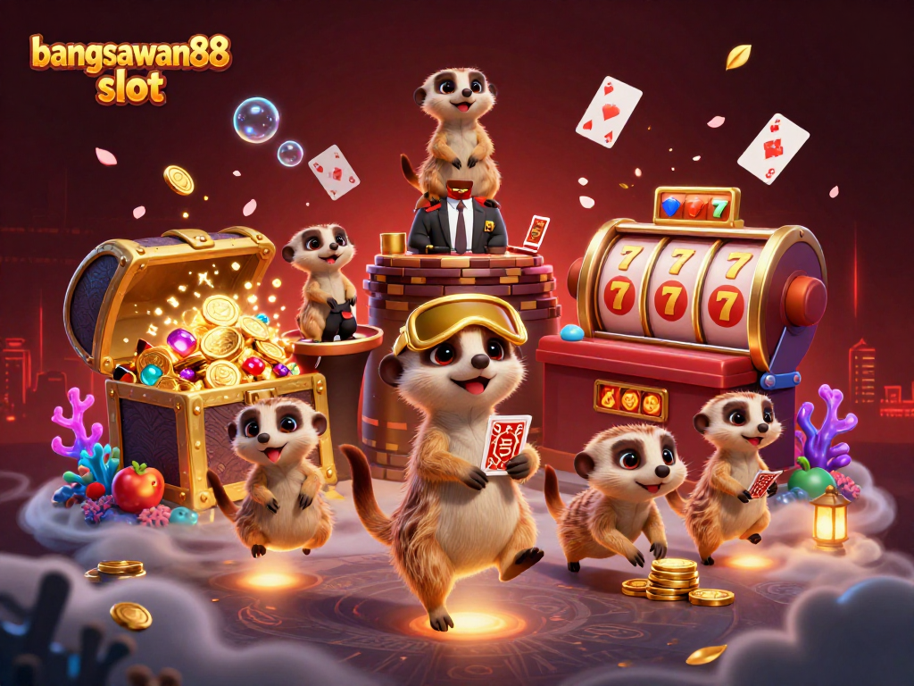 Experience the excitement of bangsawan88 slot with meerkats running a vibrant casino filled with gold and gems!