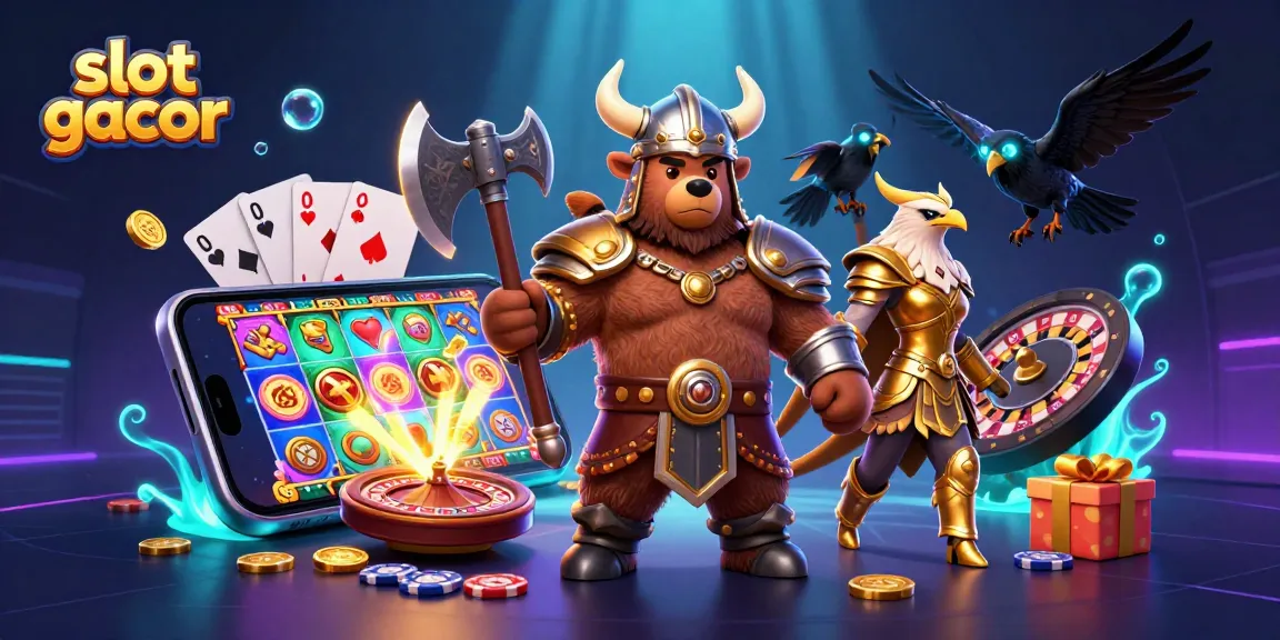 Slot gacor memperlihatkan kombinasi aksi dengan simbol permainan slot, jackpot dan koin emas yang menarik.