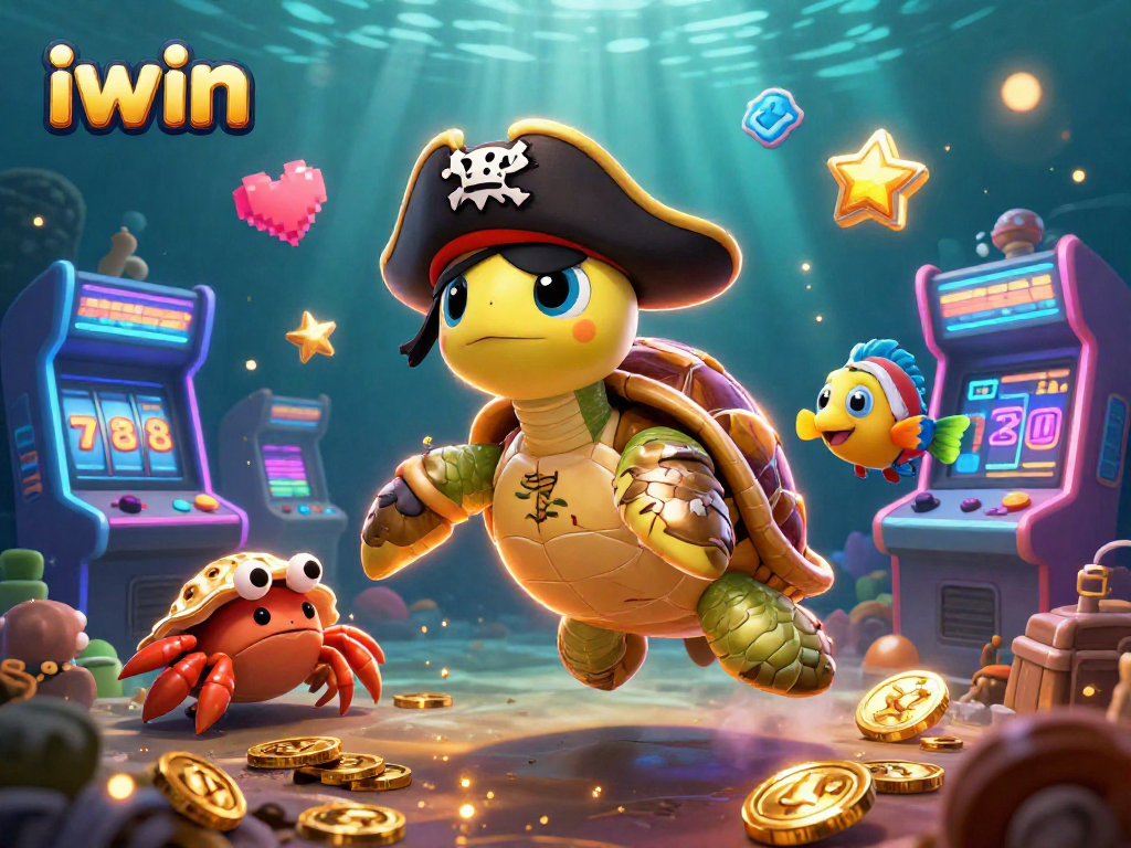 Join the iwin adventure with pirate turtle and friends above the slot reels treasure.