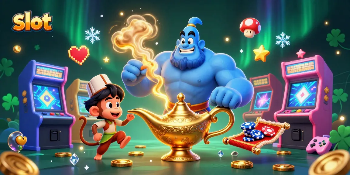 Engage with exciting slot action in this dynamic illustration featuring a genie, monkey, and magic carpet.