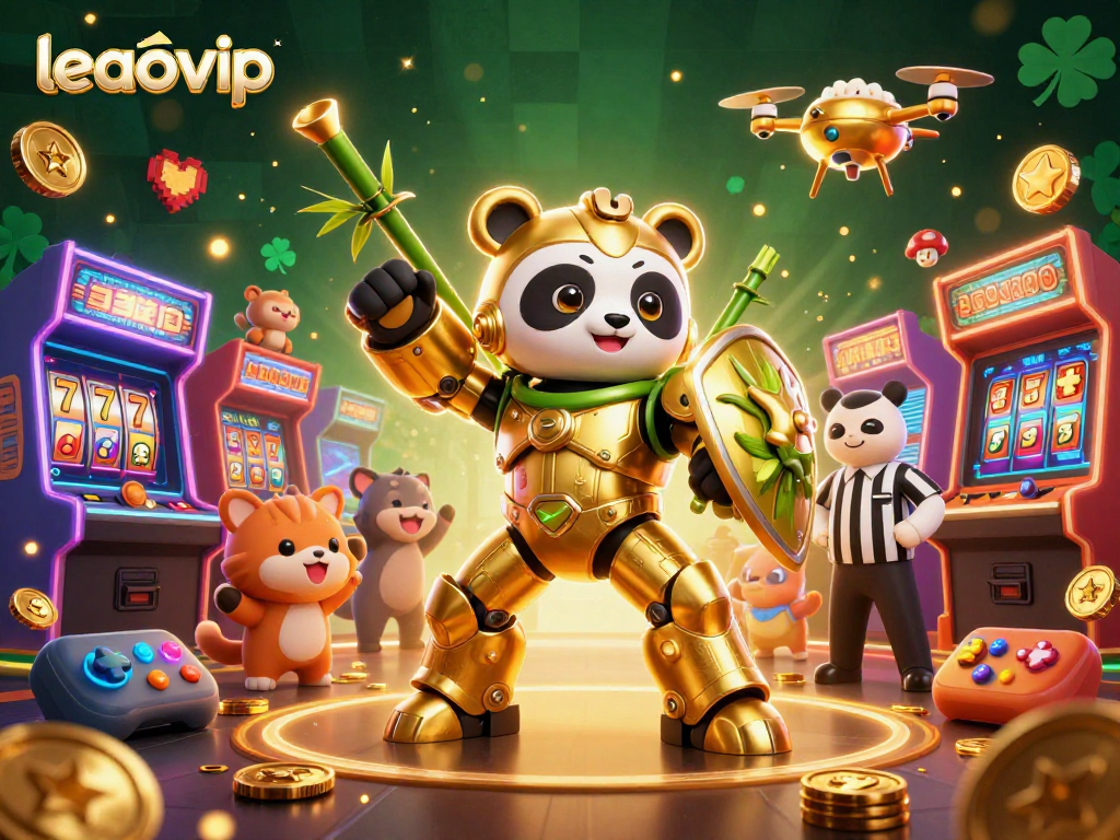 Experience the dynamic leaovip casino scene with golden panda mech-suit battling in a colorful arcade.