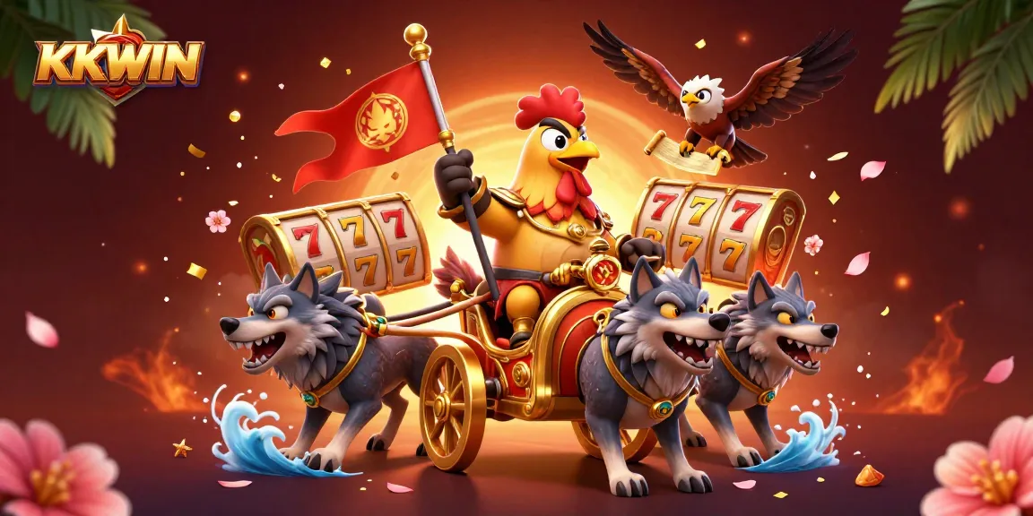 Experience KKWIN's exciting gaming spectacle with a rooster warlord and dynamic casino elements.