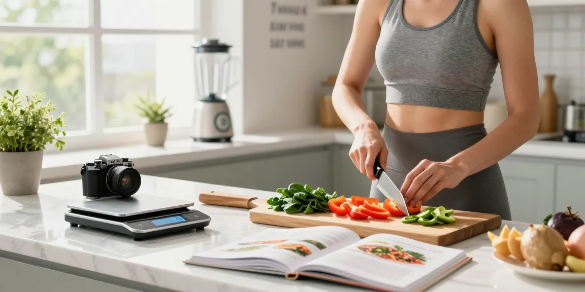 Individual preparing a healthy meal in a modern kitchen, showcasing the best nutrition app for meal tracking.