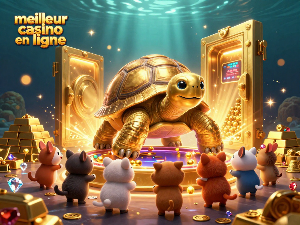 Jouez au meilleur casino en ligne avec une tortue géante, pièces d'or, et trésors scintillants.