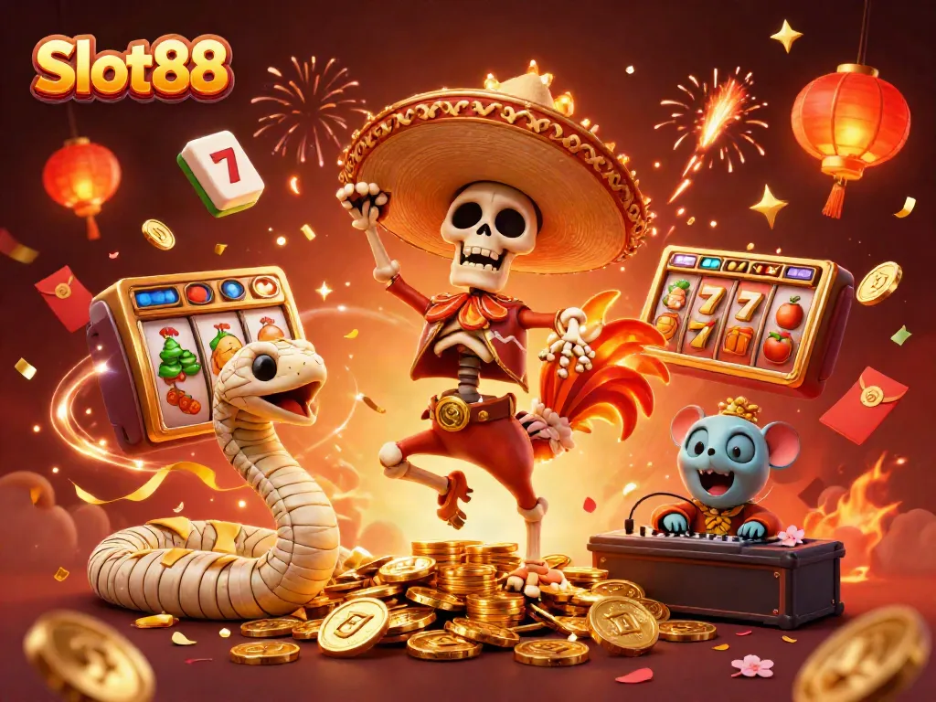 Slot88 memperlihatkan tumpukan koin emas dengan karakter kartun meriah dari mariachi dan DJ hamster zombie dalam suasana pesta.