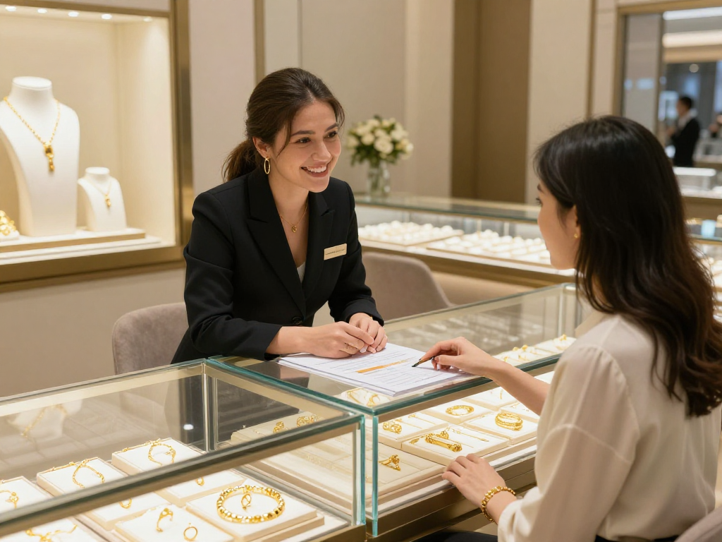 Purchasing gold jewelry at mantra88 in a luxurious jewelry shop.