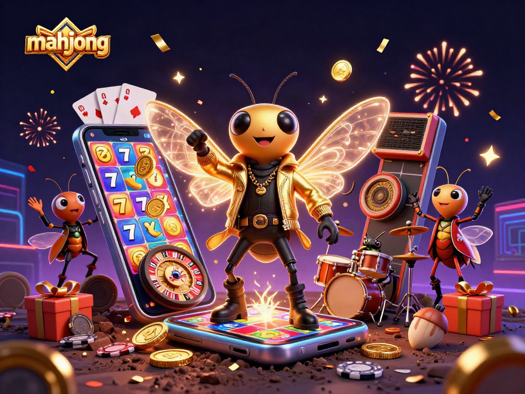 Experience thrilling mahjong excitement with a rock star, drummer, and cricket backup singers in a vibrant casino scene.