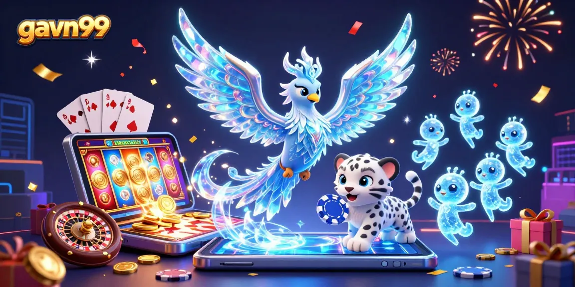 Experience the thrill of gavn99 with a vibrant 3D illustration of ice phoenix, poker play, and casino elements.