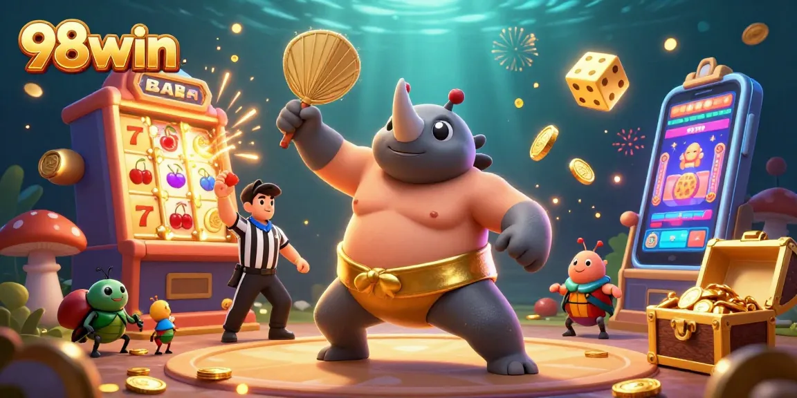 Engage with thrilling casino action featuring 98win’s vibrant characters in an exciting jackpot scene.
