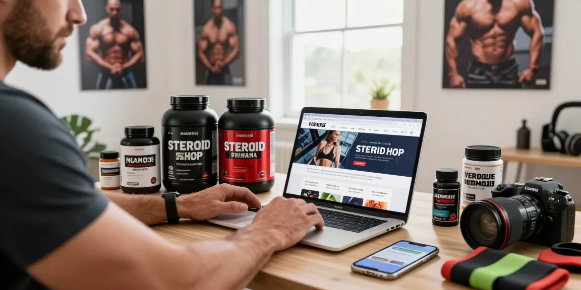 Steroid Shop online shopping scene with bodybuilder browsing anabolic steroids.