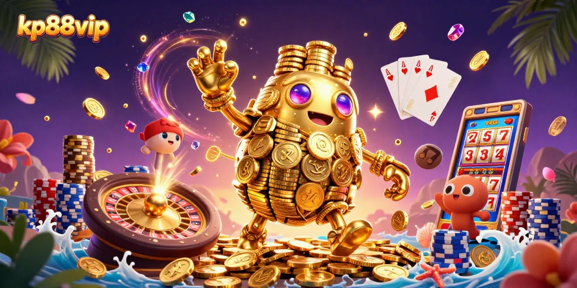 Engage with kp88vip's vibrant casino action, featuring a golden golem, cascading coins, and dynamic gameplay elements.