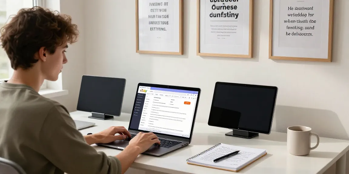 Generate eBay product descriptions with AI in a modern e-commerce workspace, showcasing an entrepreneur engaged in creating listings.