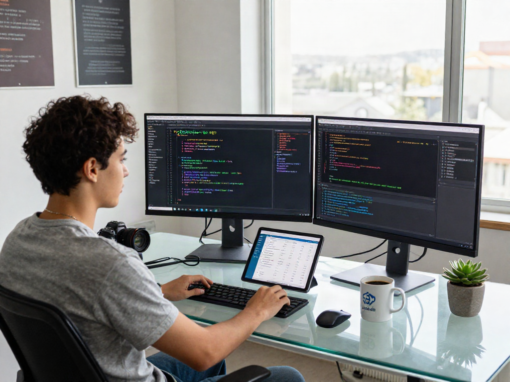 Developers coding the gb whatsapp apk in a modern workspace with dual monitors and vibrant interface design.
