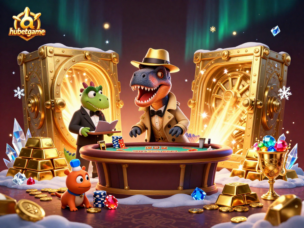 Experience the thrilling world of hubetgame with a cartoon velociraptor card counter at a bustling blackjack table.