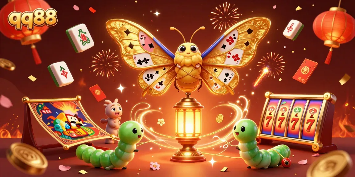 Engage with the dynamic casino world of qq88 illustrated through a vibrant moth and gold elements.