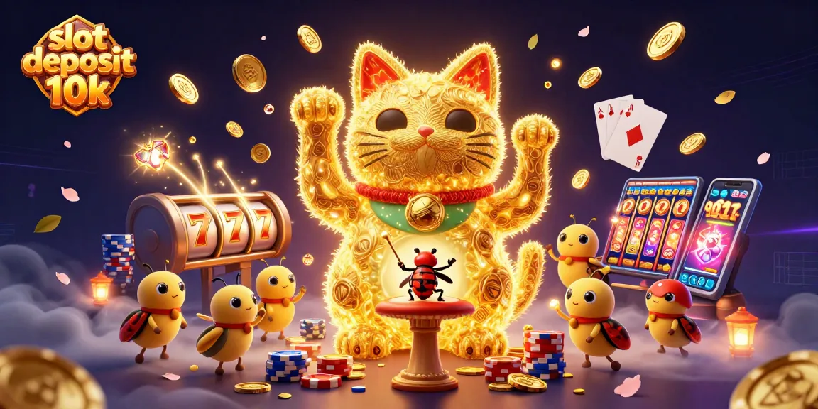 Experience the thrill of slot deposit 10k with this dynamic casino illustration, featuring lucky symbols and vibrant action.
