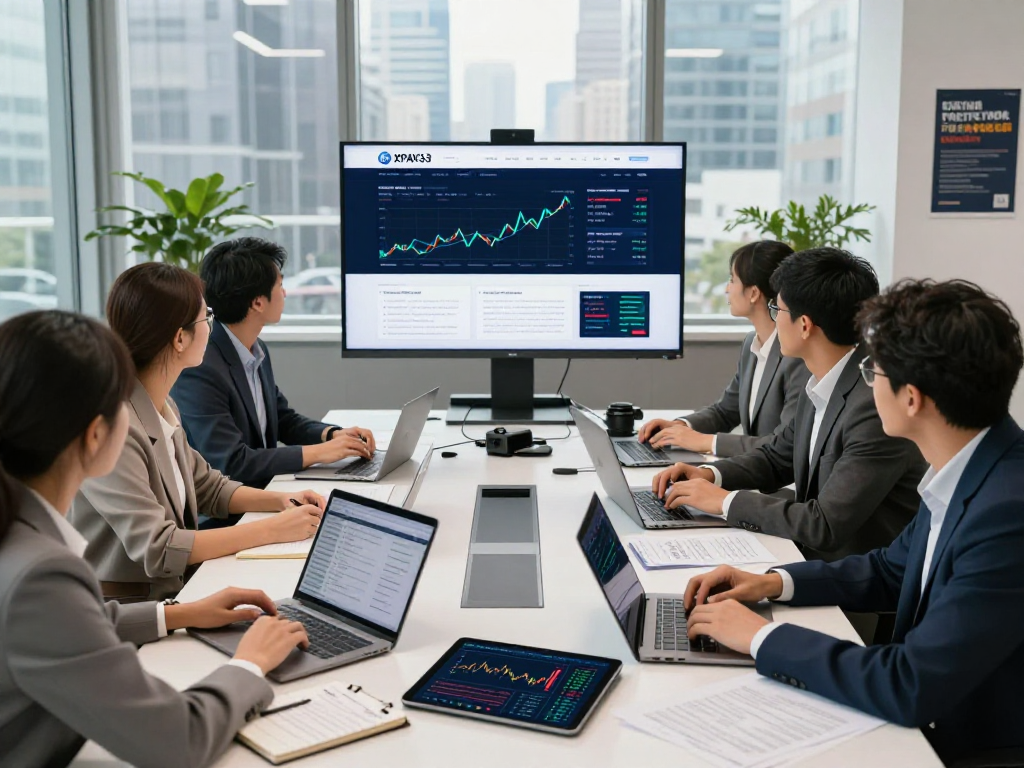 Collaboration scene of professionals analyzing data on XPAY33 official site in a modern workspace.