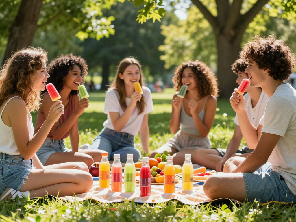 Friends enjoying popsicle e juice during a sunny picnic.